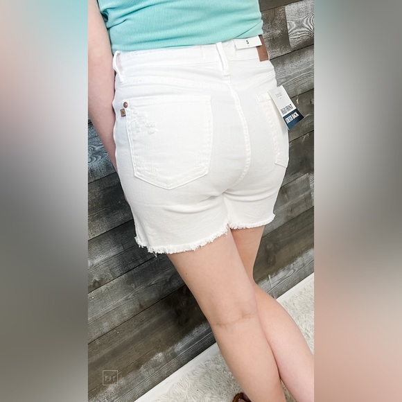 judy blue rigid magic high waist destroyed white denim shorts JB150264 WHT small - Picture 12 of 13